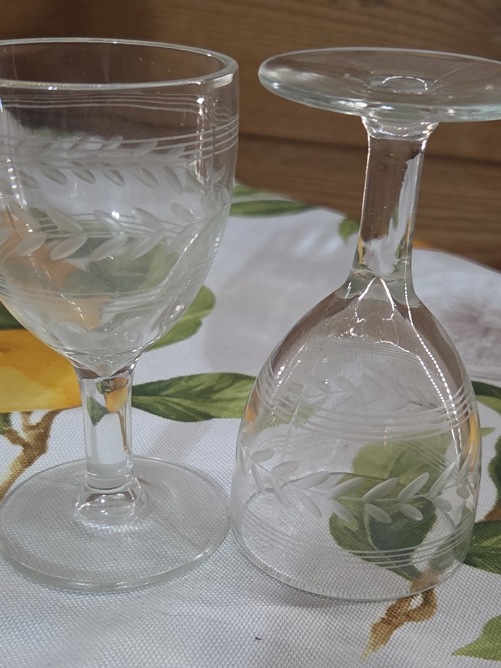 Vintage Clear Etched Glass Wine Goblets - Set of 2